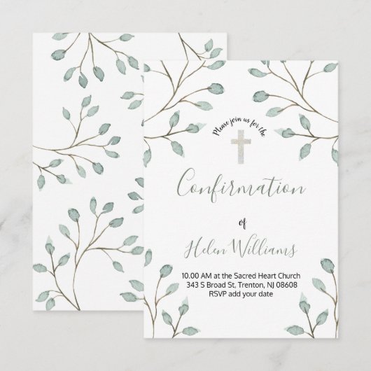 Invitation déco d'aquarelle feuillage Confirmation (Devant / Derrière)