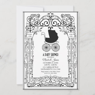Invitation Déco de bébé Shower calèche vintage noir et blanc
