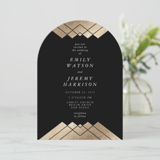 Invitation Déco géométrique Noir Gatsby Arch Mariage (Debout devant)