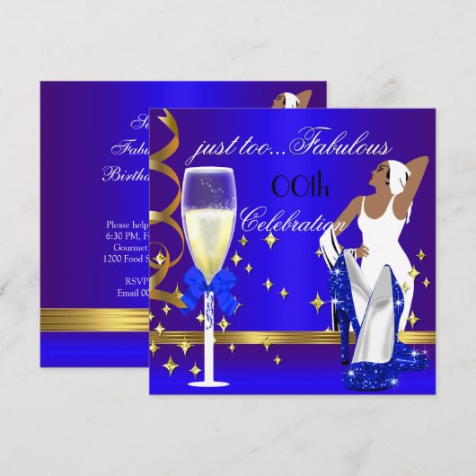Invitation Déco Lady Royal Blue Gold Trop Fabuleux Anniversai (Devant / Derrière)