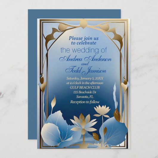Invitation Déco minimalisme bleu lotus mariage (Devant / Derrière)