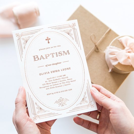 Invitation Déco moderne | Baptême d'or et de blanc Rose de Fa