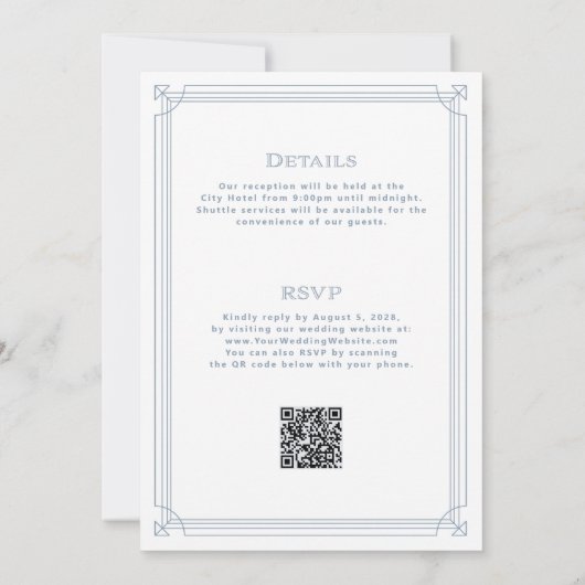 Invitation Déco moderne blanc | Bleu Dusty tout en un Mariage (Dos)