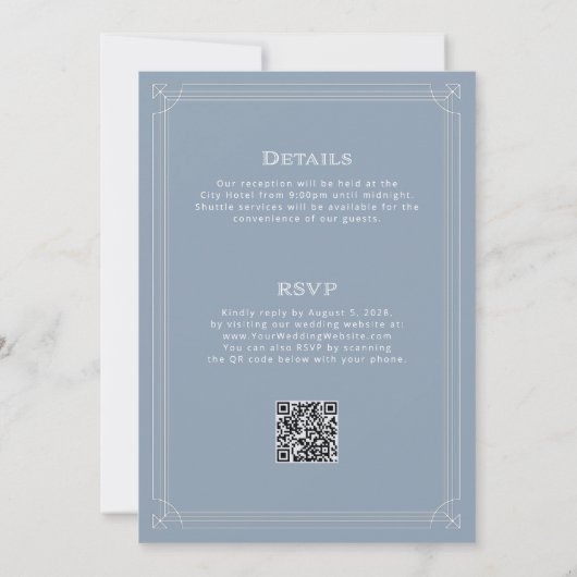 Invitation Déco moderne Dusty Bleu tout en un Mariage de code (Dos)