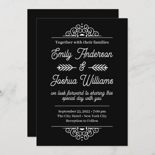 Invitation Déco moderne | Élégant Mariage noir et blanc (Devant / Derrière)