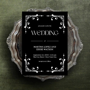 Invitation Déco Moderne Élégant Mariage Noir et Blanc Onyx