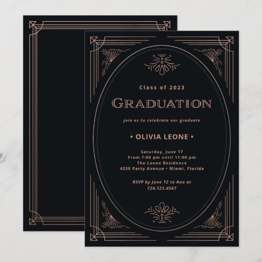 Invitation Déco moderne | Faux Rose Gold et Black Graduation (Devant / Derrière)