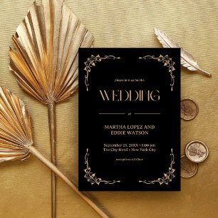Invitation Déco Moderne Mariage Élégant Noir et Or
