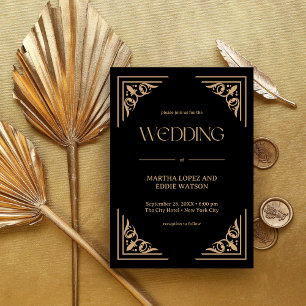 Invitation Déco Moderne Mariage Élégant Noir et Or