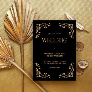 Invitation Déco Moderne Mariage Élégant Noir et Or