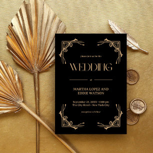 Invitation Déco Moderne Mariage Élégant Noir et Or