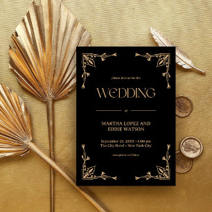 Invitation Déco Moderne Mariage Élégant Noir et Or
