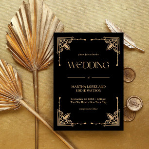 Invitation Déco Moderne Mariage Élégant Noir et Or