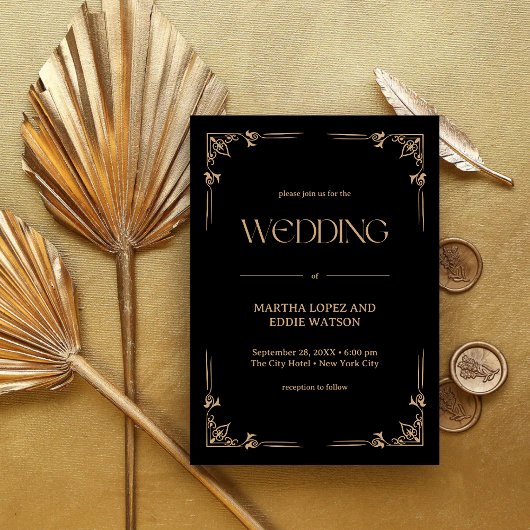 Invitation Déco Moderne | Mariage Élégant Noir et Or