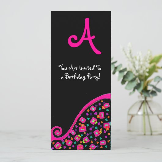 Invitation DÉCO MONOGRAM FÊTE D'ANNIVERSAIRE, fuchsia noir ar (Debout devant)