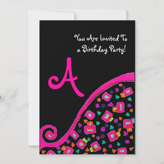 Invitation DÉCO MONOGRAM FÊTE D'ANNIVERSAIRE, fuchsia or noir (Devant)