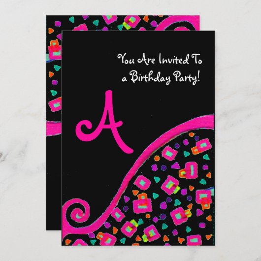 Invitation DÉCO MONOGRAM FÊTE D'ANNIVERSAIRE, fuchsia or noir (Devant / Derrière)