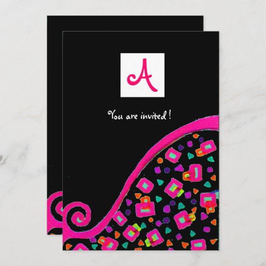 Invitation DECO MONOGRAMME, noir ,rose violet blanc (Devant / Derrière)