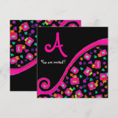 Invitation DECO MONOGRAMME, Rose Violet Fuchsia Noir (Devant / Derrière)