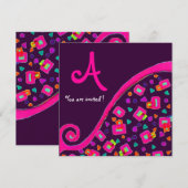 Invitation DECO MONOGRAMME, Rose Violet Fuchsia Violet (Devant / Derrière)