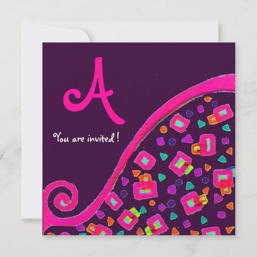 Invitation DECO MONOGRAMME, Rose Violet Fuchsia Violet (Devant)
