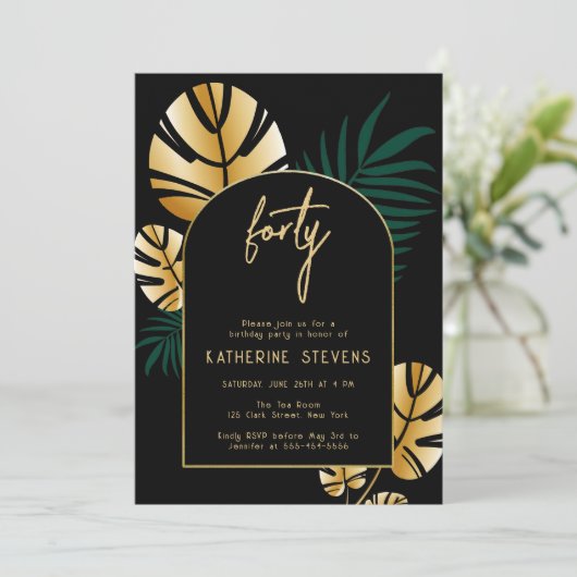 Invitation Déco Tropical Jungle Gold Boho Frame 40e anniversa (Debout devant)