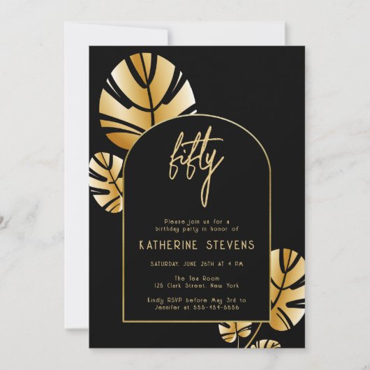 Invitation Déco Tropical Leaf Gold Boho Frame 50e anniversair (Devant)