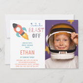 Invitation Décollage ! Photo d'anniversaire de fusée spatiale (Devant)