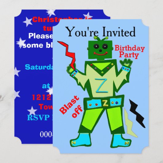 Invitation Décollage Robot Garçon et fête d'anniversaire des (Devant / Derrière)