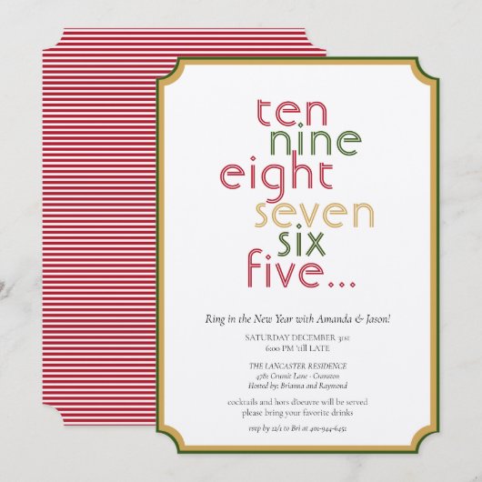 Invitation Décompte Red Green Gold New Years Eve Party (Devant / Derrière)