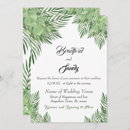 Invitation Décontracté Beach Wedding Green Eucalyptus Palm fe (Devant / Derrière)