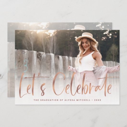 Invitation Décontracté Script Rose Gold Deux Photo Graduation (Devant / Derrière)