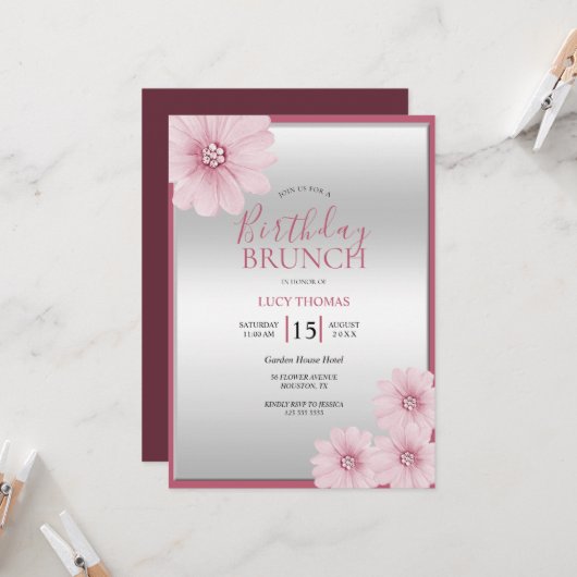 Invitation Décor rose classique Fleur Brunch d'anniversaire (Devant/Arrière en situation)