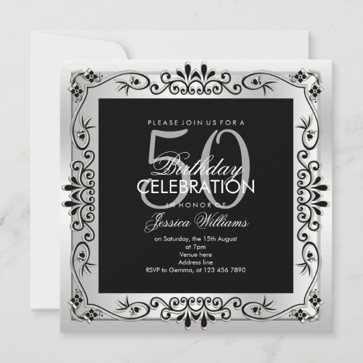 Invitation Décoratif Argent Classé encadré 50e anniversaire (Devant)