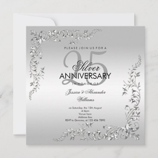 Invitation Décoration Argent 25e Anniversaire de Mariage (Devant)