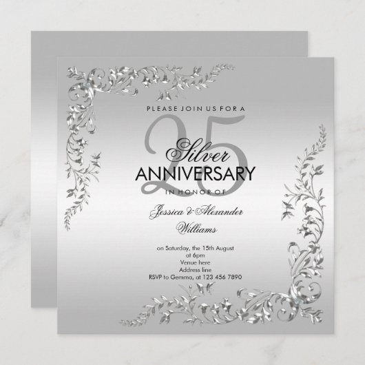 Invitation Décoration argentée 25e anniversaire de mariage (Devant / Derrière)