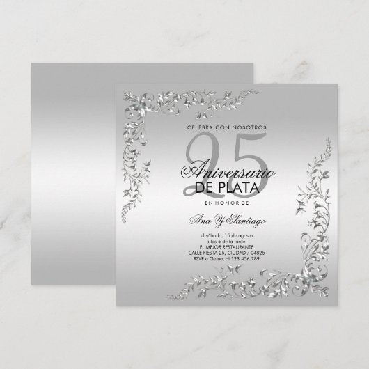 Invitation Décoration argentée 25e anniversaire de mariage (Devant / Derrière)