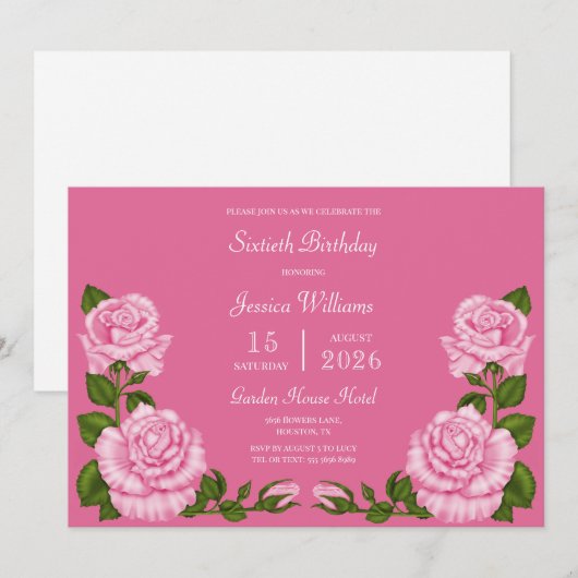 Invitation Décoration de fleurs roses pour 60 ans (Devant / Derrière)