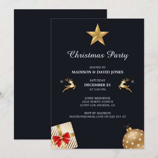 Invitation Décoration de Noël dorée et blanche (Devant / Derrière)