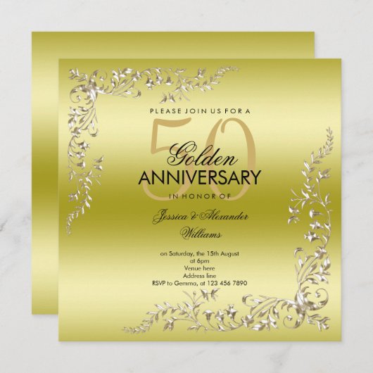 Invitation Décoration dorée 50e anniversaire de mariage (Devant / Derrière)