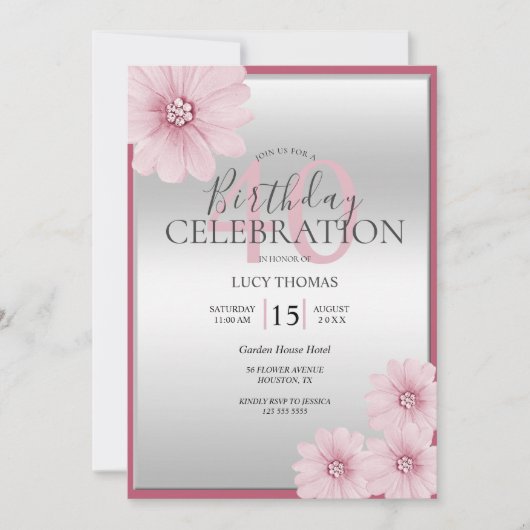 Invitation Décoration rose Classique Fleur Anniversaire (Devant)