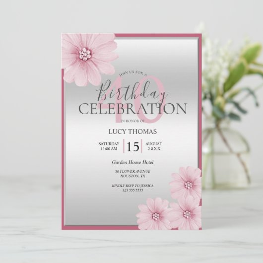 Invitation Décoration rose Classique Fleur Anniversaire (Debout devant)