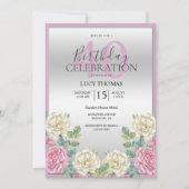 Invitation Décoration rose et blanc classique Fleurs Annivers (Devant)