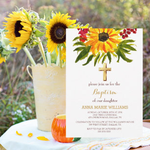 Invitation Décoration Tournesol Rustique Croix Dorée Baptême 
