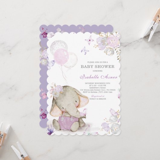 Invitation Décorations de Baby shower d'éléphant violet et gr (Devant/Arrière en situation)