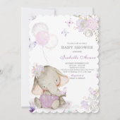 Invitation Décorations de Baby shower d'éléphant violet et gr (Devant)
