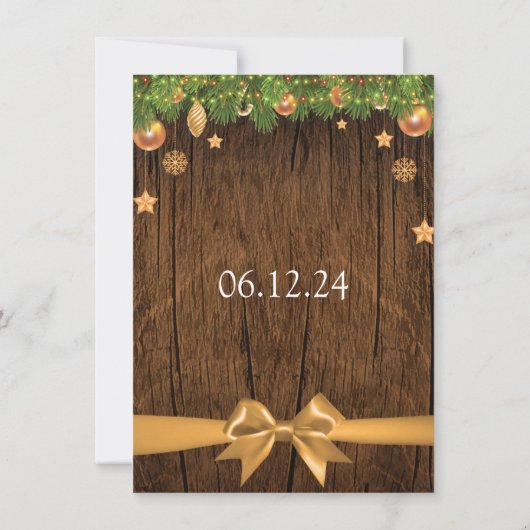 Invitation Décorations d'or Rustique Mariage de Noël & Ruban (Dos)