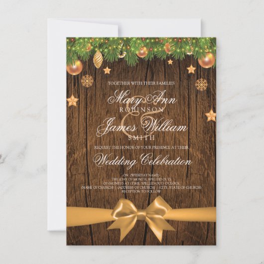 Invitation Décorations d'or Rustique Mariage de Noël & Ruban (Devant)