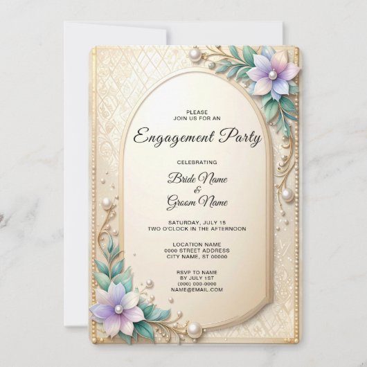 Invitation Decorative Floral Frame with Pearls Engagement (Devant)