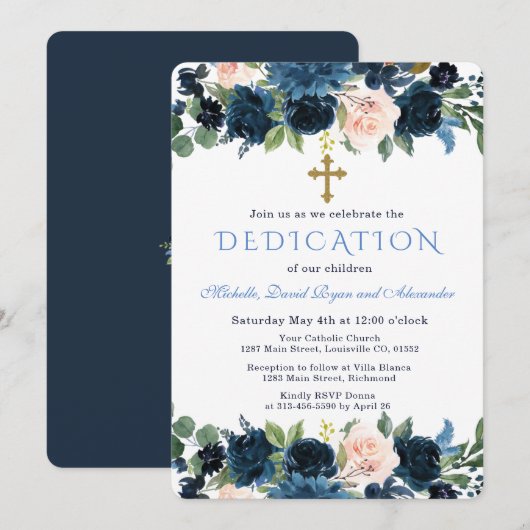 Invitation Dédicace de triplés Navy Blue Rose Floral Or (Devant / Derrière)